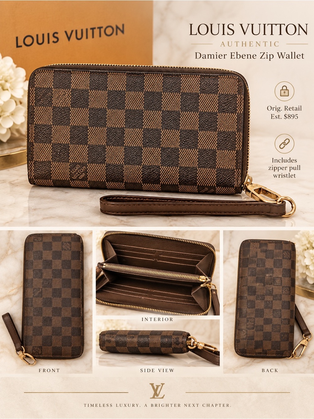 Authentic Louis Vuitton Damier Ebene Zip Wallet - Dark Brown and Gold
